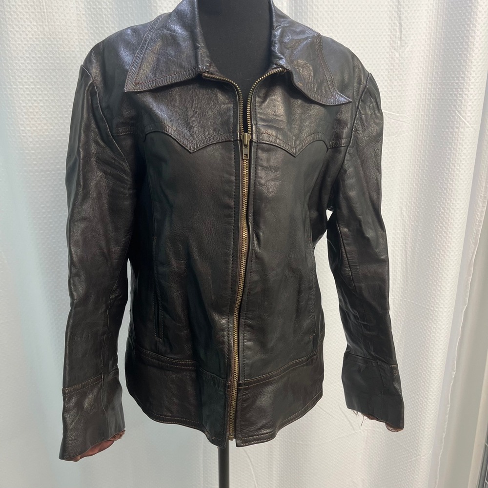 Vtg 1970's Renifer Brown Leather Moto Jacket PLD 48 Men's MCM Cold War